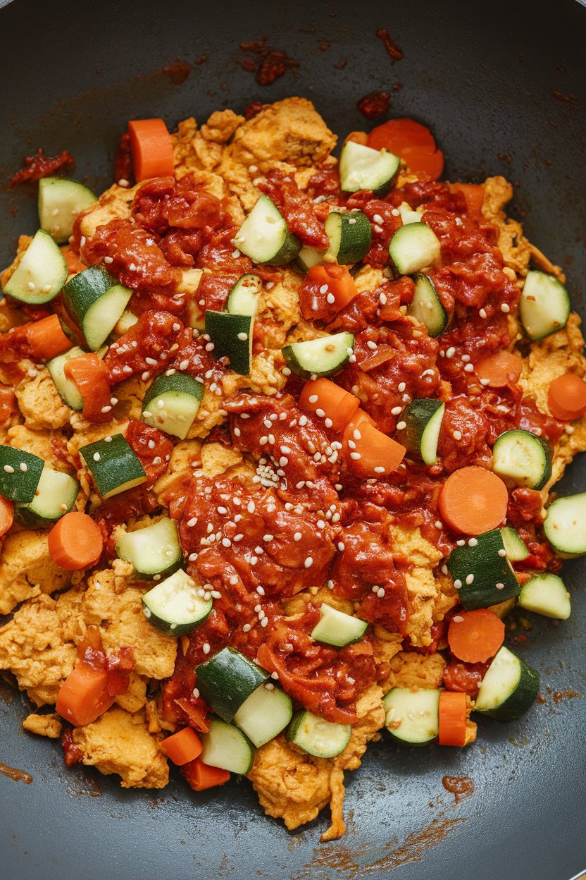 Indoor wok shot containing tofu scramble coated in red gochujang sauce with diced zucchini and carrots, sesame seeds sprinkled over. Photo, no text or logos.