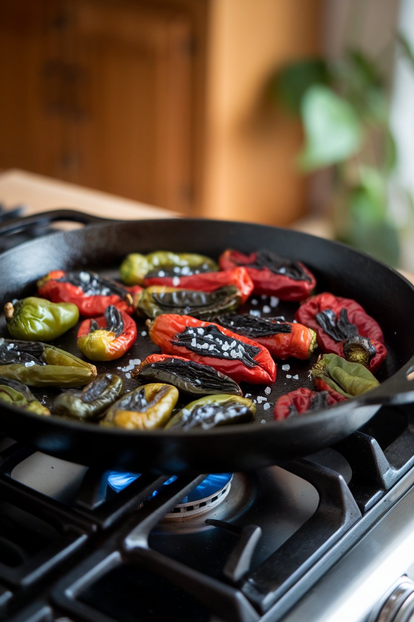 A cast-iron skillet on an indoor range holding blistered shishito peppers dusted with sea salt. Photo, not illustration. No text or logos.