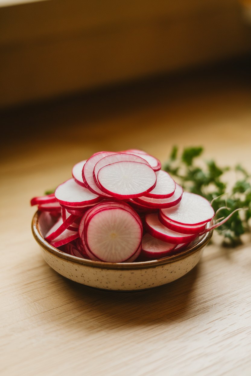 A small ceramic dish on an indoor counter piled with thinly sliced red radishes, edges crisp and white centers showing. Photo, not illustration. No text or logos.