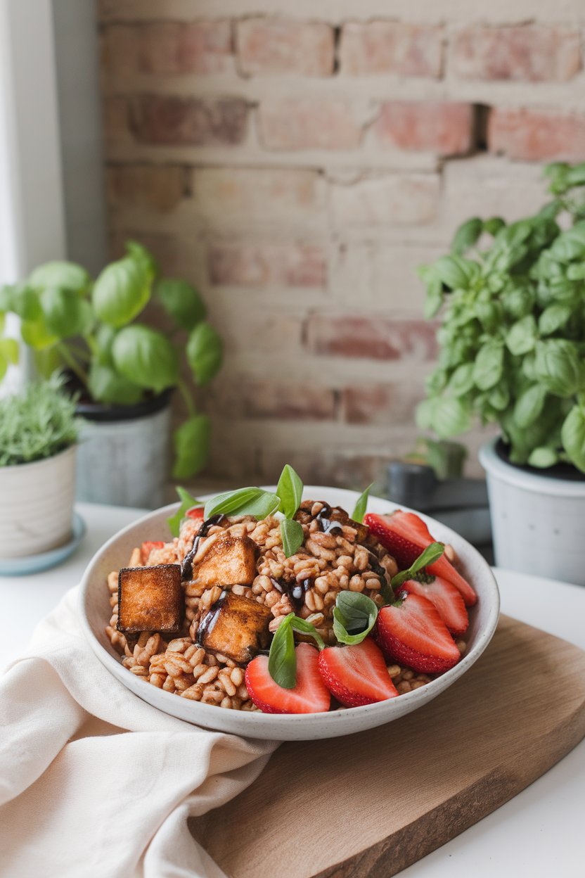 A bright indoor scene with a bowl of chewy farro grains, roasted tofu cubes, sliced strawberries, basil ribbons, and balsamic glaze. No text or logos; photo.