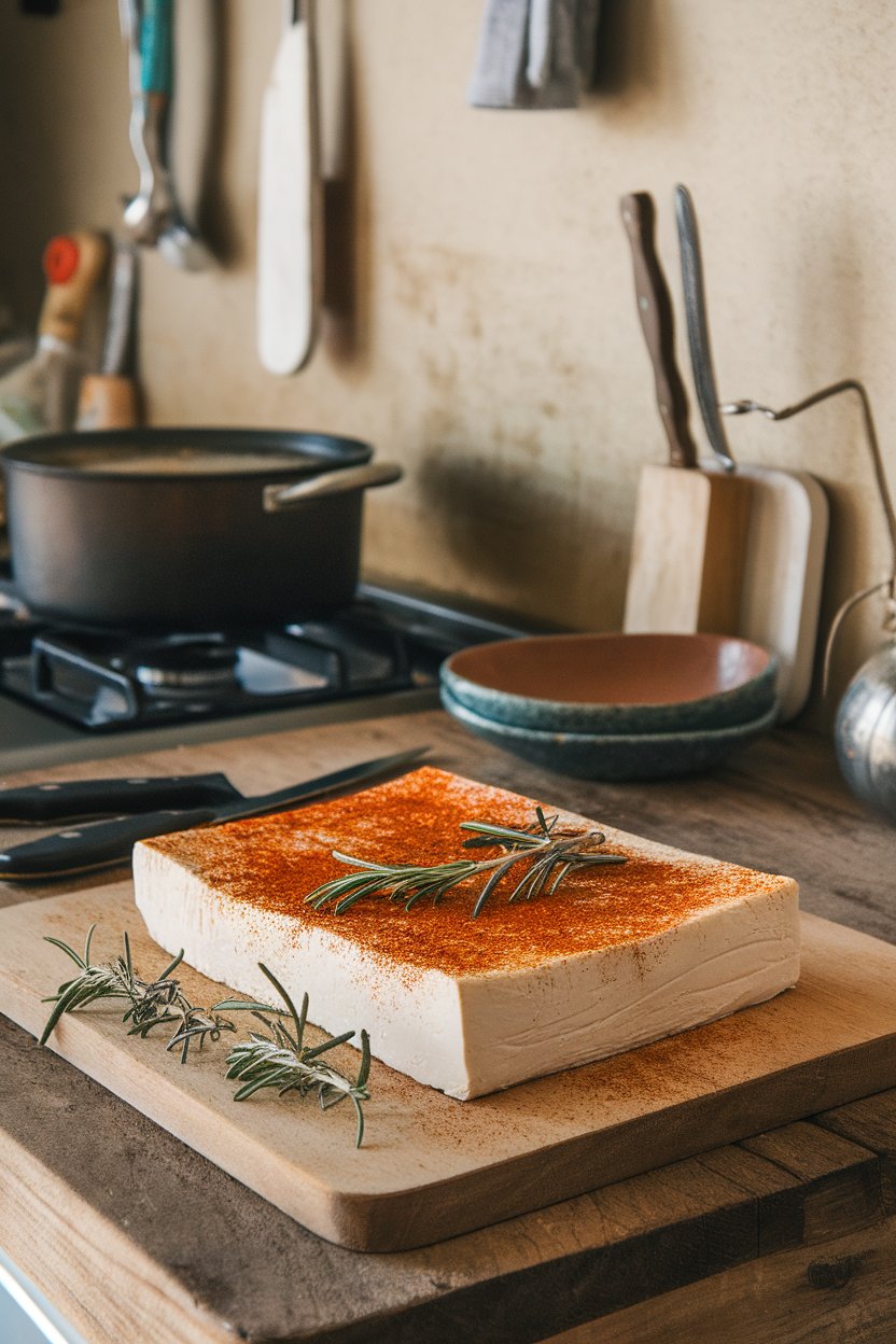 Indoor rustic kitchen counter with large tofu slabs dusted in smoked paprika and rosemary needles, slight char visible. No text or logos; photo.