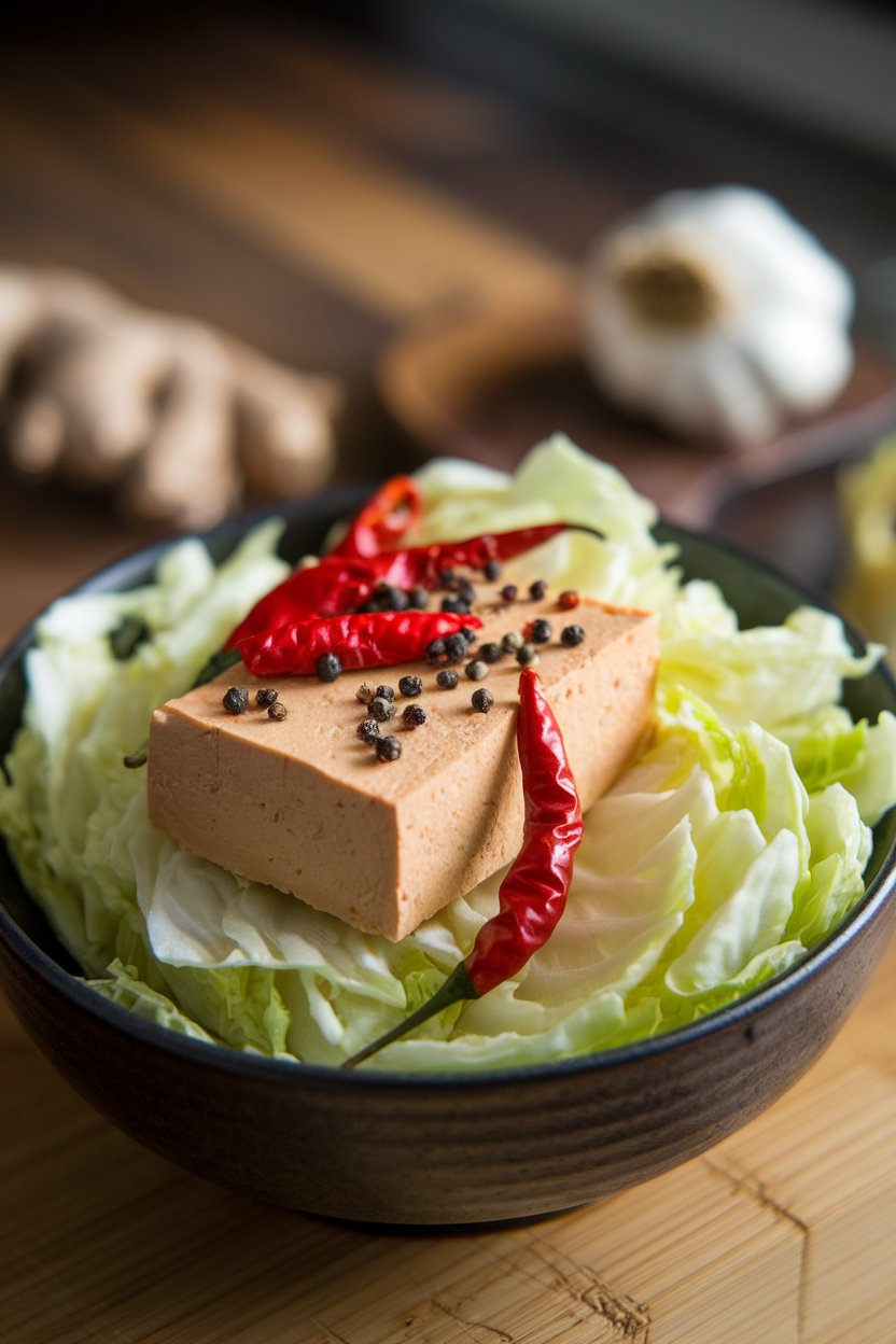 Indoor bowl of tofu, napa cabbage, and red chilies flecked with Sichuan peppercorns. No logos or text.