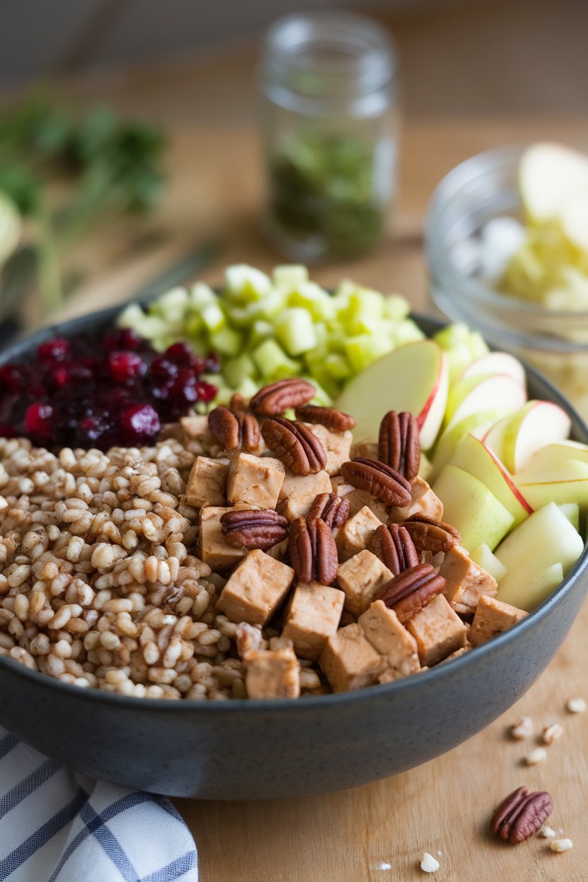 Indoor final shot of farro grains, maple-pecan tofu, chopped apple, celery, and cranberry yogurt dressing in a wide bowl. No text or logos; photo.