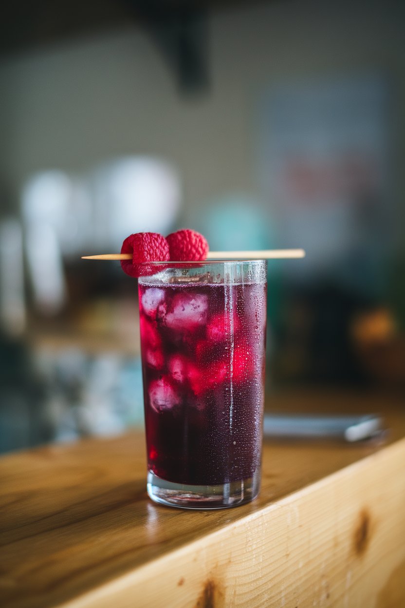 Indoor photo of a highball glass containing deep magenta hibiscus berry mocktail, skewered raspberry garnish, condensation on glass. No text or logos.
