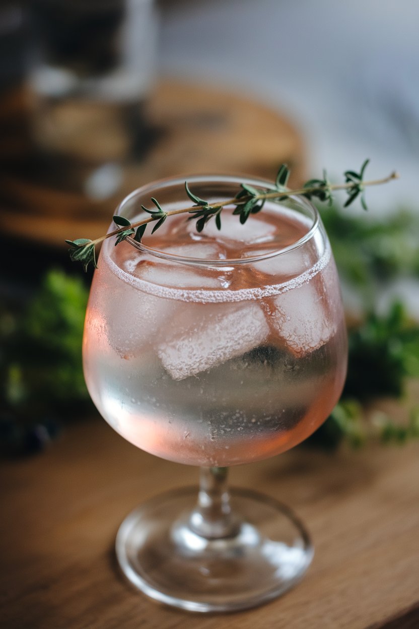 Indoor photo of a stemmed glass containing dusty-rose plum fizz, sprig of thyme resting across rim, small ice chips floating. No text or logos.