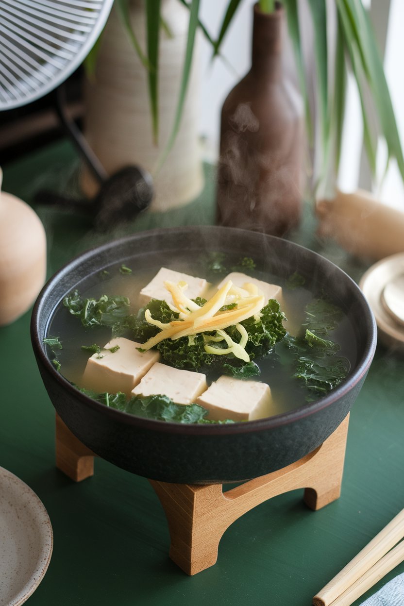 An indoor dining table showing a steaming bowl of clear broth with tofu cubes, kale ribbons, and thin ginger slices floating on top. Photo; no text or logos.