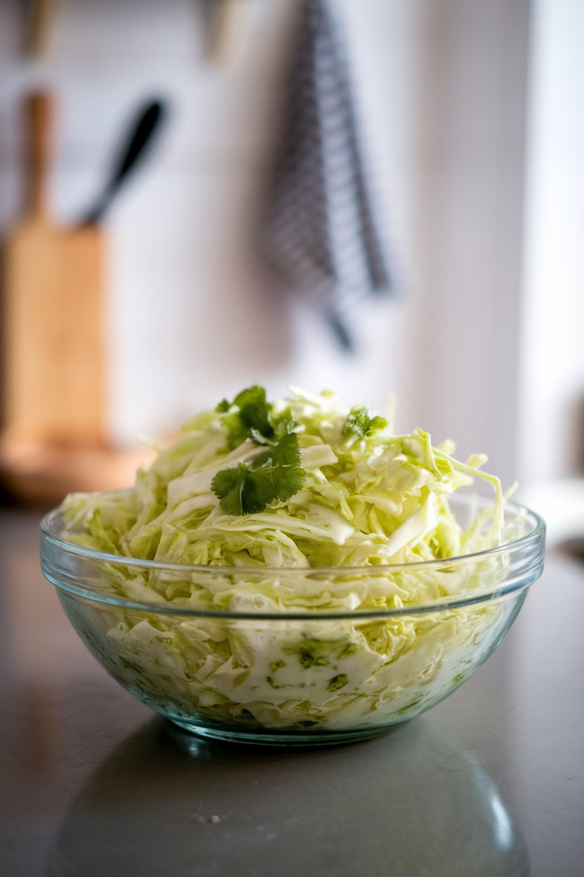 A bowl on an indoor kitchen island filled with shredded cabbage tossed in a light cilantro-lime dressing, bright green flecks visible. Photo, not illustration. No text or logos.