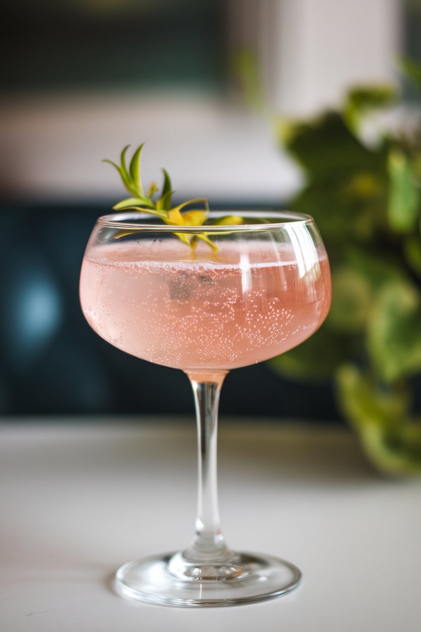 Indoor photo of a coupe glass containing pale pink strawberry fizz, small lemon verbena leaf floating, fine bubbles visible. No text or logos.