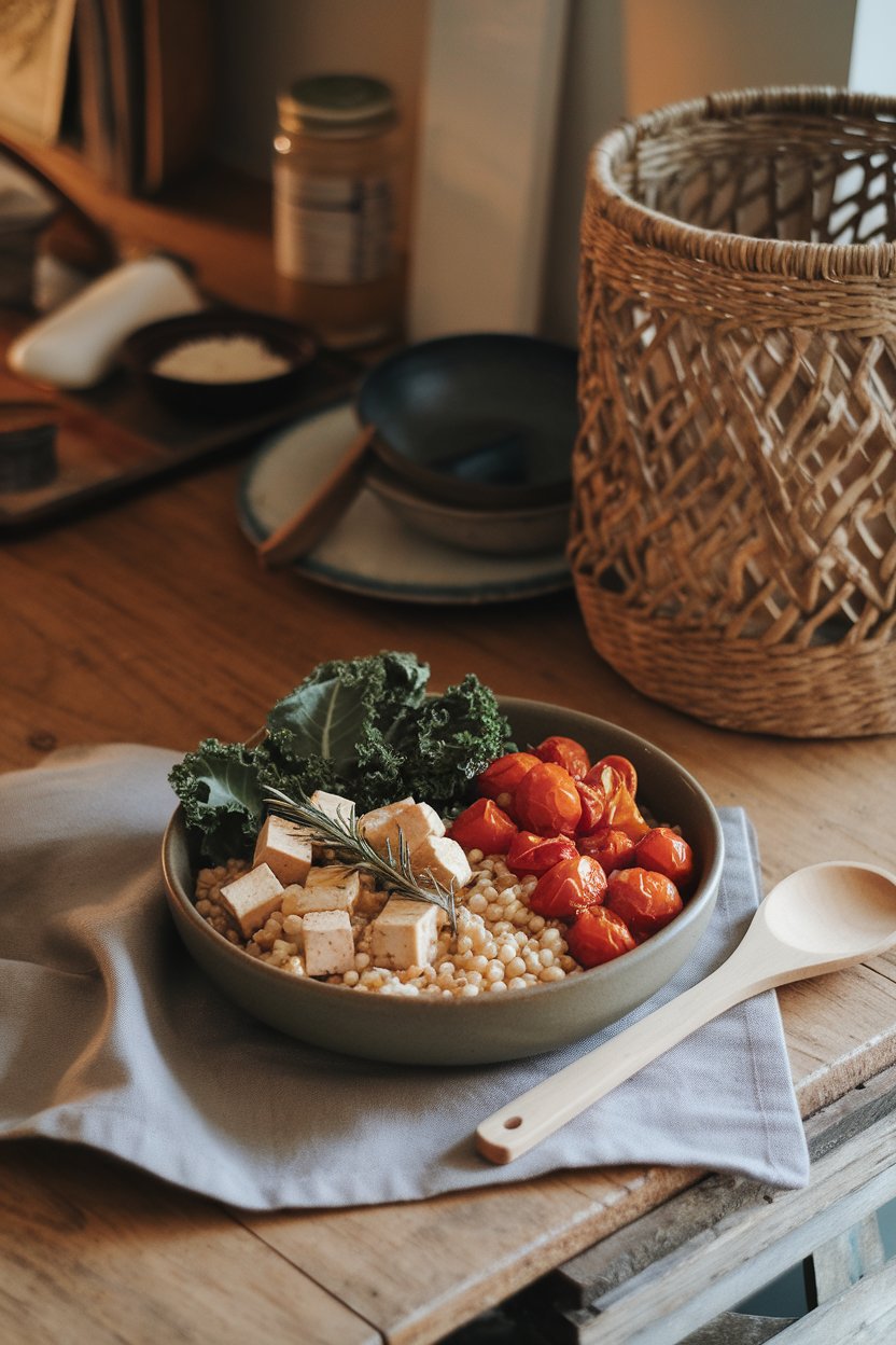 Indoor rustic bowl of pearl barley, rosemary-garlic tofu cubes, roasted cherry tomatoes, and baby kale leaves. No text or logos; photo.