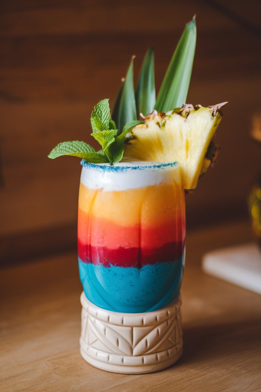 Indoor photo of a tiki mug holding colorful layered mai tai mocktail, mint sprig and pineapple frond garnish. No text or logos.