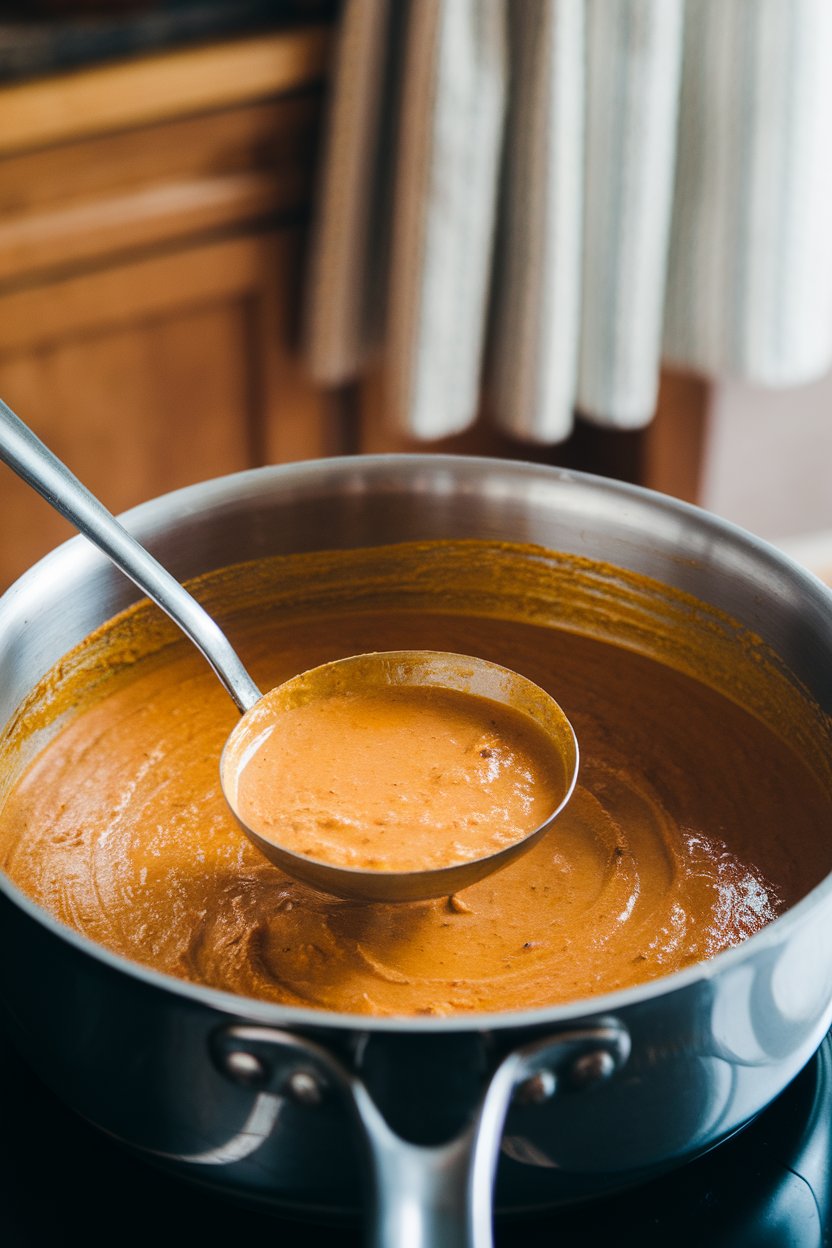 An indoor saucepan filled with silky golden curry coconut sauce, a ladle resting on the rim. Photo, not illustration. No text or logos present.