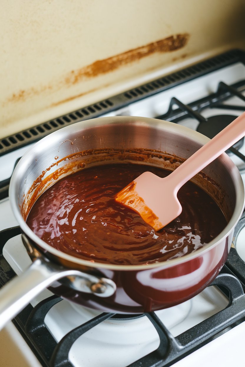 An indoor saucepan simmering thick, dark-red gochujang barbecue sauce, a silicone spatula coated in the mixture. Photo, not illustration. No text or logos.