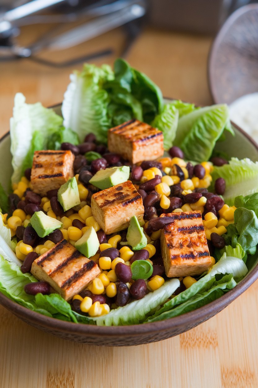 A ceramic bowl indoors holding romaine tossed with grilled tofu strips, black beans, corn, diced avocado, and smoky chipotle dressing. No text or logos; photo.