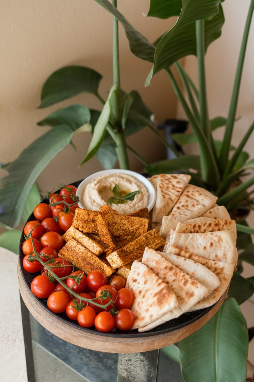 Indoor mezze platter of za’atar-spiced tofu strips, hummus, cherry tomatoes, and whole-wheat pita wedges. Photo.