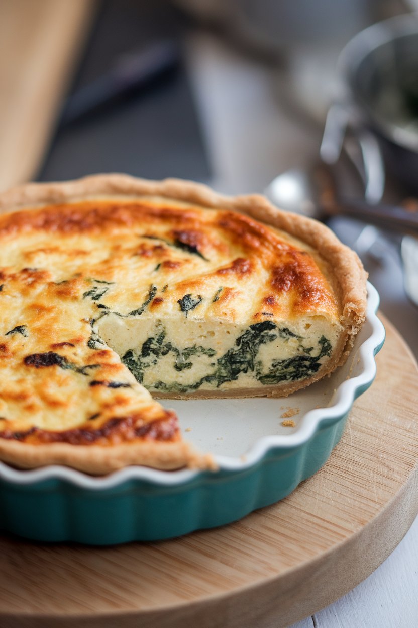 Photo of an indoor pie dish with a wedge of quiche showing green spinach flecks. No text or logos. Photo, not illustration.