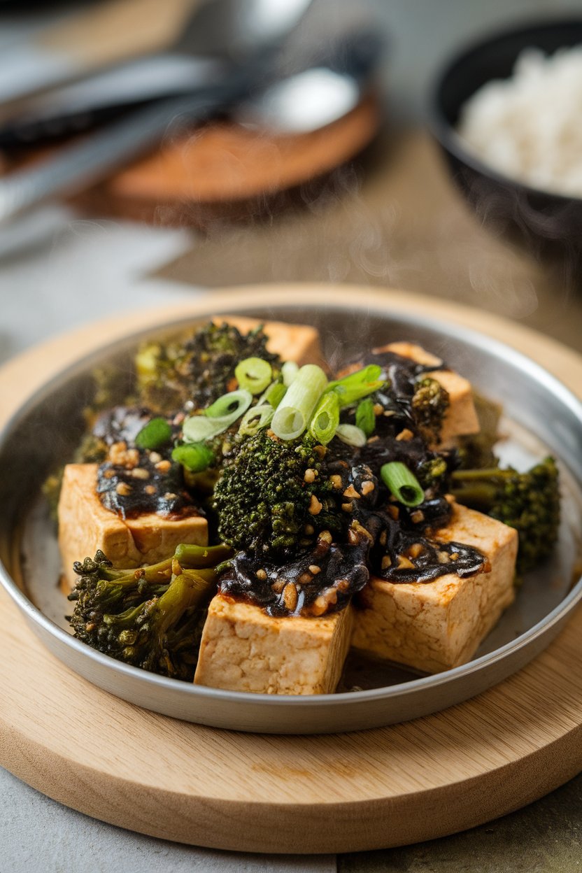 Indoor dish of tofu and broccolini coated in dark black-garlic sauce, steam visible. No logos or text.