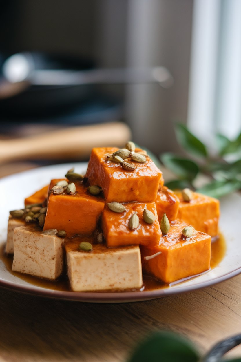 Photo of tofu and orange butternut squash cubes sprinkled with cardamom seeds in soy glaze, indoors. No text or logos.