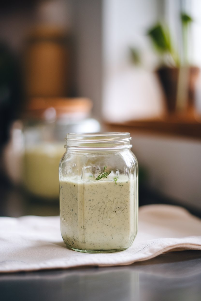 A glass jar on an indoor counter filled with creamy pale-green dressing, herbs visible through the sides. Photo, not illustration. No text or logos.
