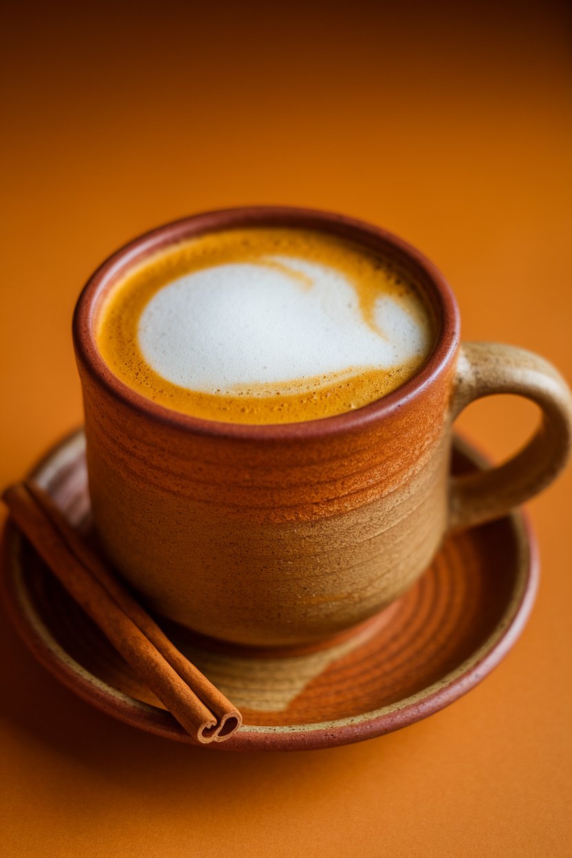 Photo of an indoor ceramic mug of frothy pumpkin latte with cinnamon stick resting on saucer. No text or logos. Photo, not illustration.