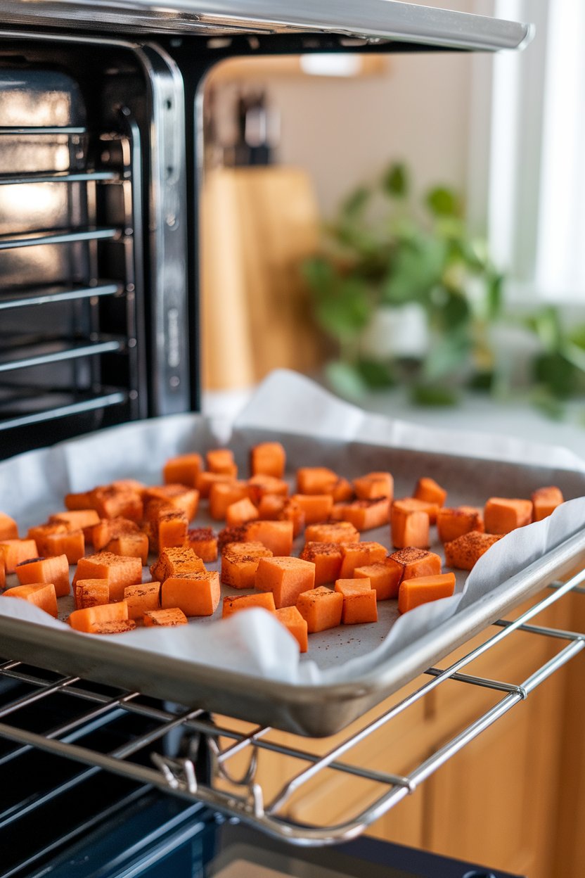 An indoor oven rack view of a parchment-lined tray loaded with caramelized sweet potato cubes sprinkled with paprika. Photo, not illustration. No text or logos.