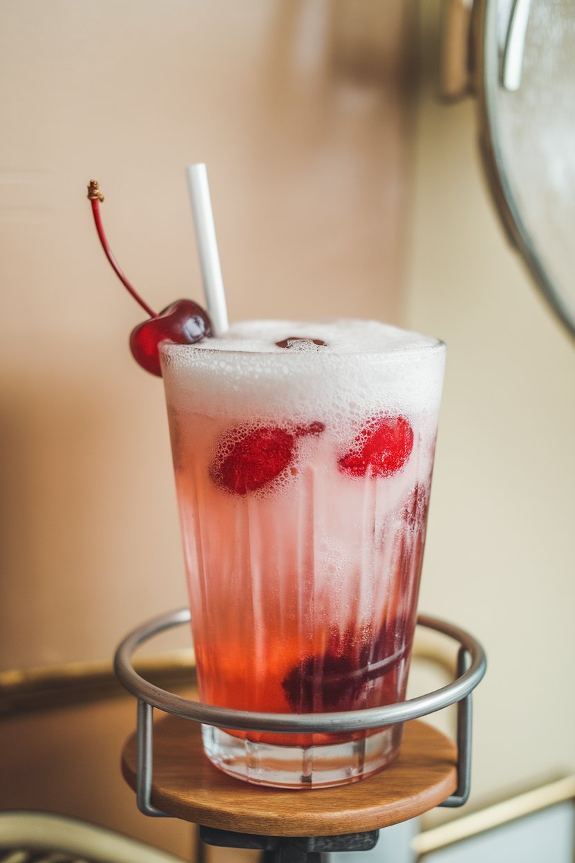 Indoor photo of a soda fountain–style glass showing fizzy pink cherry cream soda, foamy top layer, maraschino cherry skewered on straw. No text or logos.