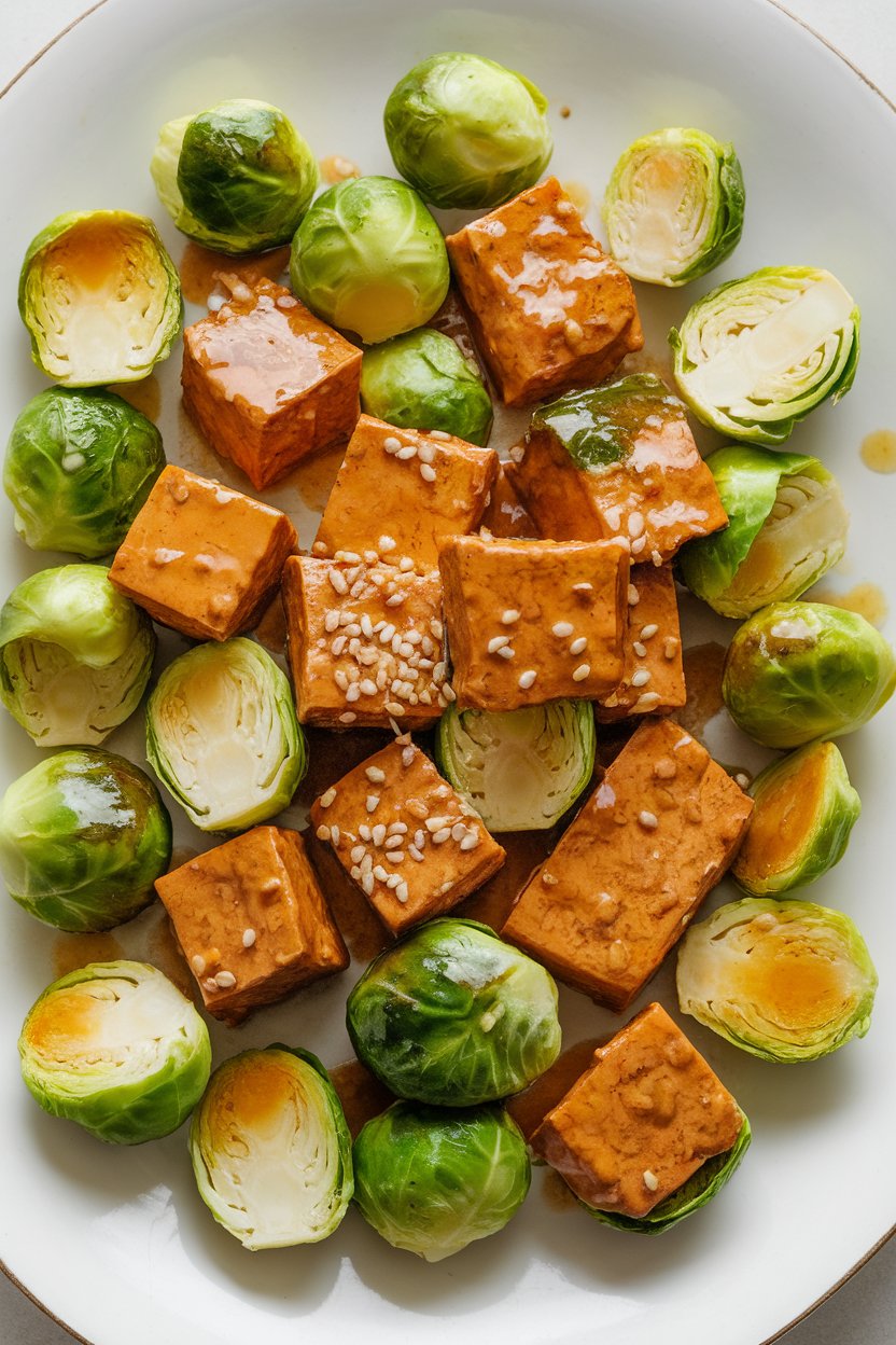 Indoor photo of halved Brussels sprouts and tofu glazed in honey-ginger sauce, sprinkled with sesame seeds. No text or logos.