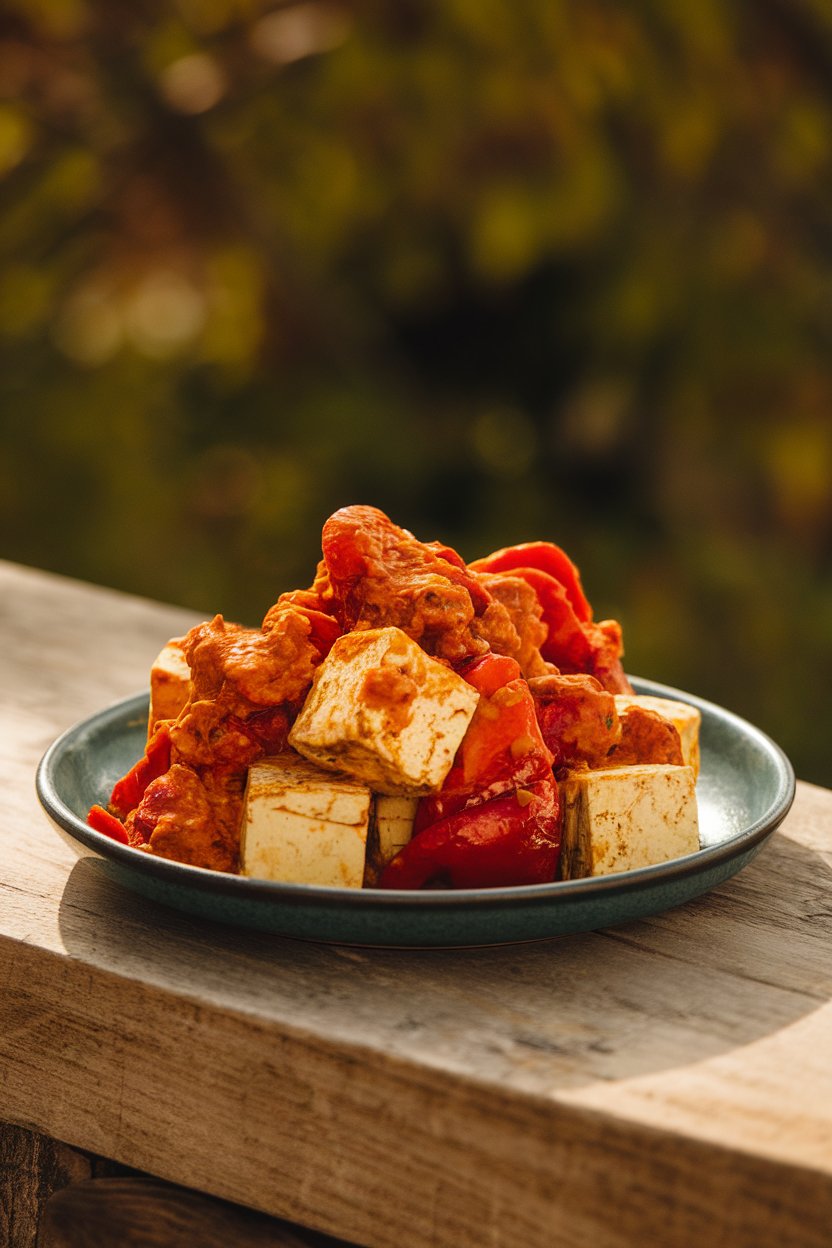 Indoor plate of tofu cubes and roasted red peppers coated in spicy harissa sauce. No logos or text.