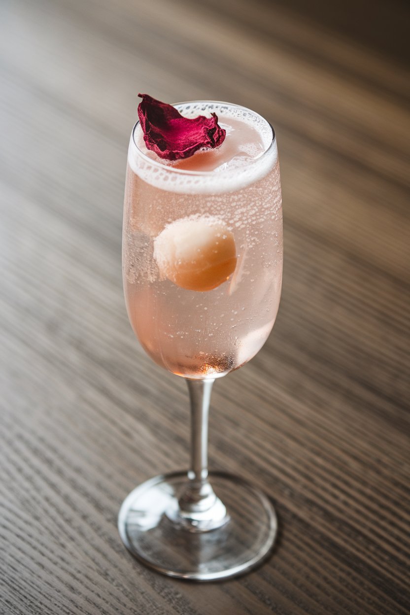 Indoor photo of a flute featuring pale pink lychee spritzer, float of a lychee fruit, dried rose petal atop foam. No text or logos.