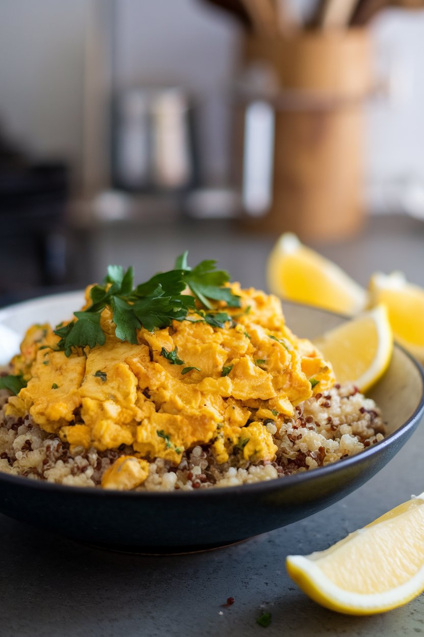 Indoor countertop showing a bowl of tofu scramble combined with fluffy quinoa, parsley, and lemon wedges on the side. Photo, no text or logos.