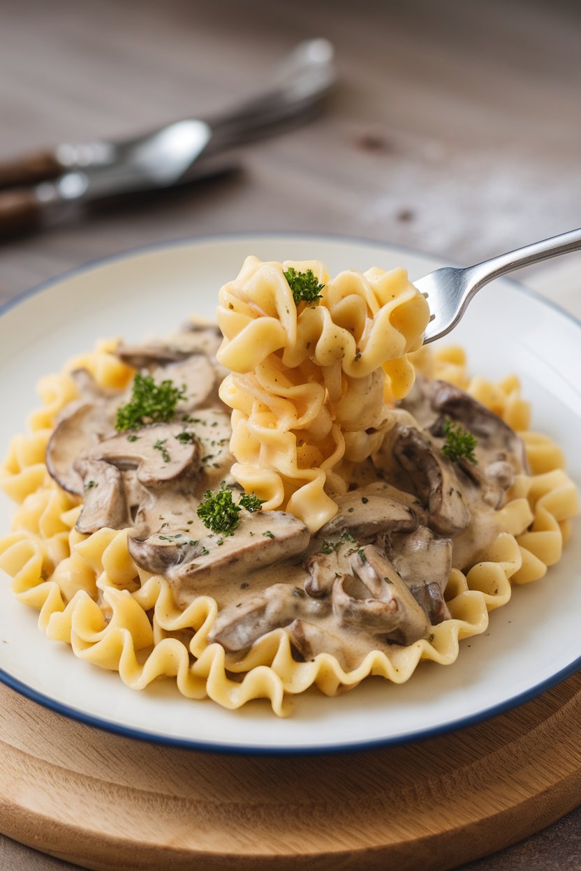 Photo of an indoor plate of egg noodles coated in creamy mushroom sauce with parsley garnish. No text or logos. Photo, not illustration.
