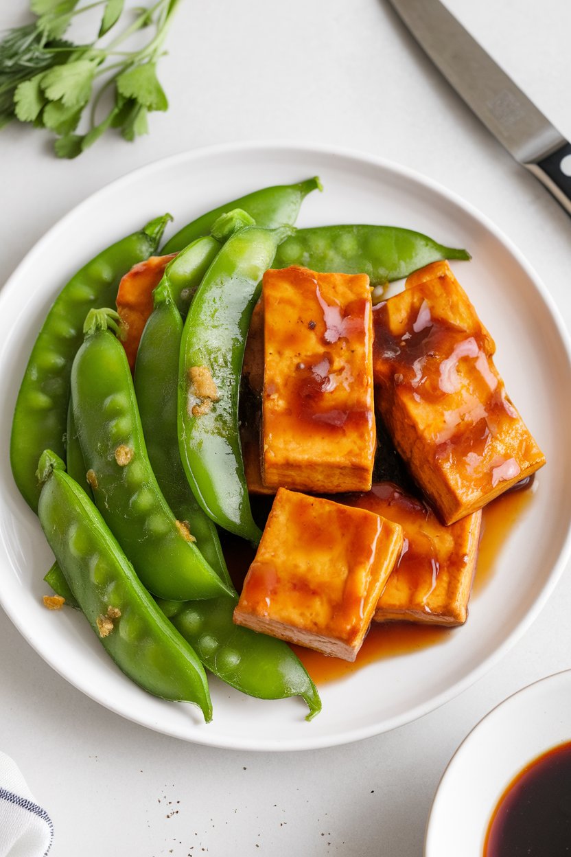 Indoor photo of vibrant green snap peas and golden tofu coated in a glossy honey-soy sauce on a white plate. No logos or text.