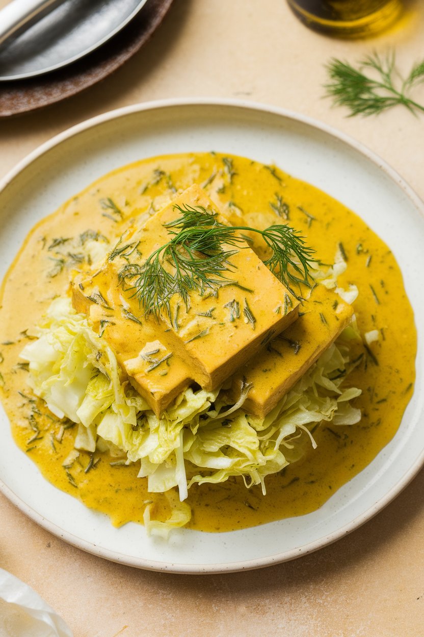 Indoor dish of tofu and shredded cabbage coated in bright yellow dill-mustard sauce. No logos or text.