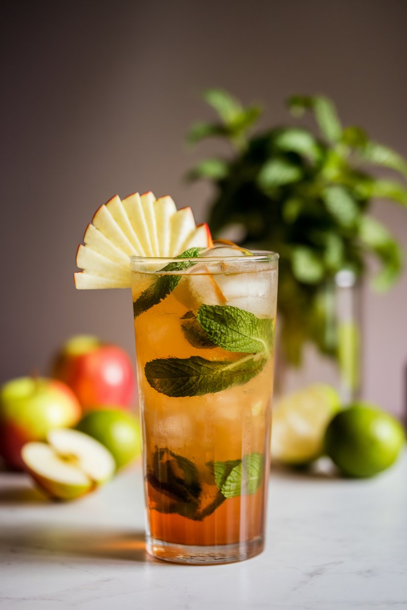 Indoor photo of a tall highball glass with amber apple cider mojito, floating mint leaves, thin apple fan garnish on rim. No text or logos.