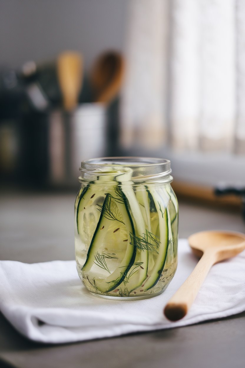 An indoor countertop showcasing a small glass jar of thin cucumber ribbons submerged in clear pickling liquid dotted with dill seeds. Photo, not illustration. No text or logos.
