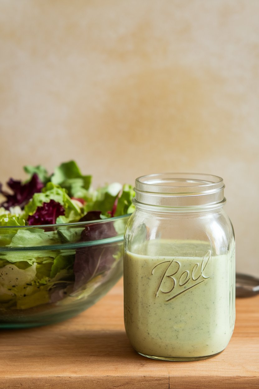 Photo of an indoor mason jar of light green dressing beside mixed salad greens. No text or logos. Photo, not illustration.
