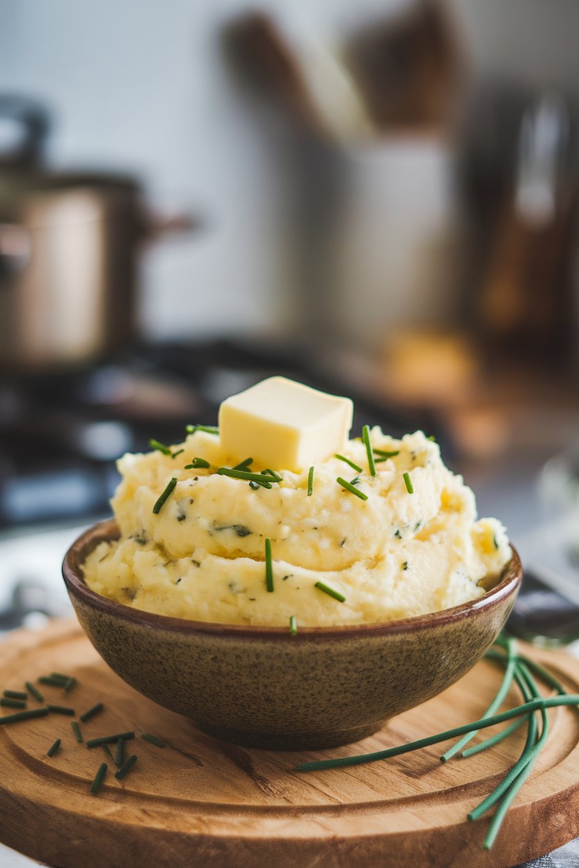 Photo of an indoor bowl of creamy mashed potatoes speckled with chives, a pat of vegan butter melting on top. No text or logos. Photo, not illustration.