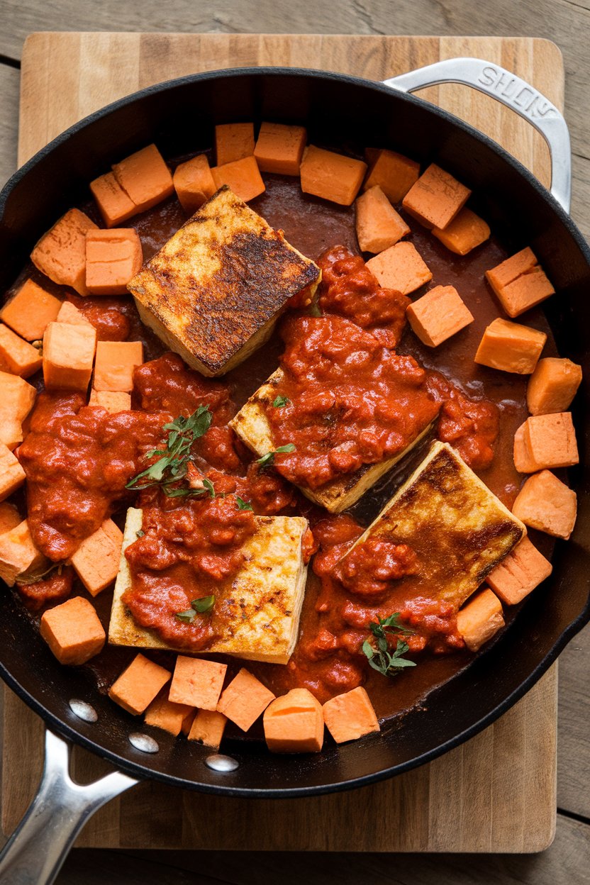 Indoor skillet containing tofu, sweet potato cubes, and smoky red chipotle sauce. No text or logos.