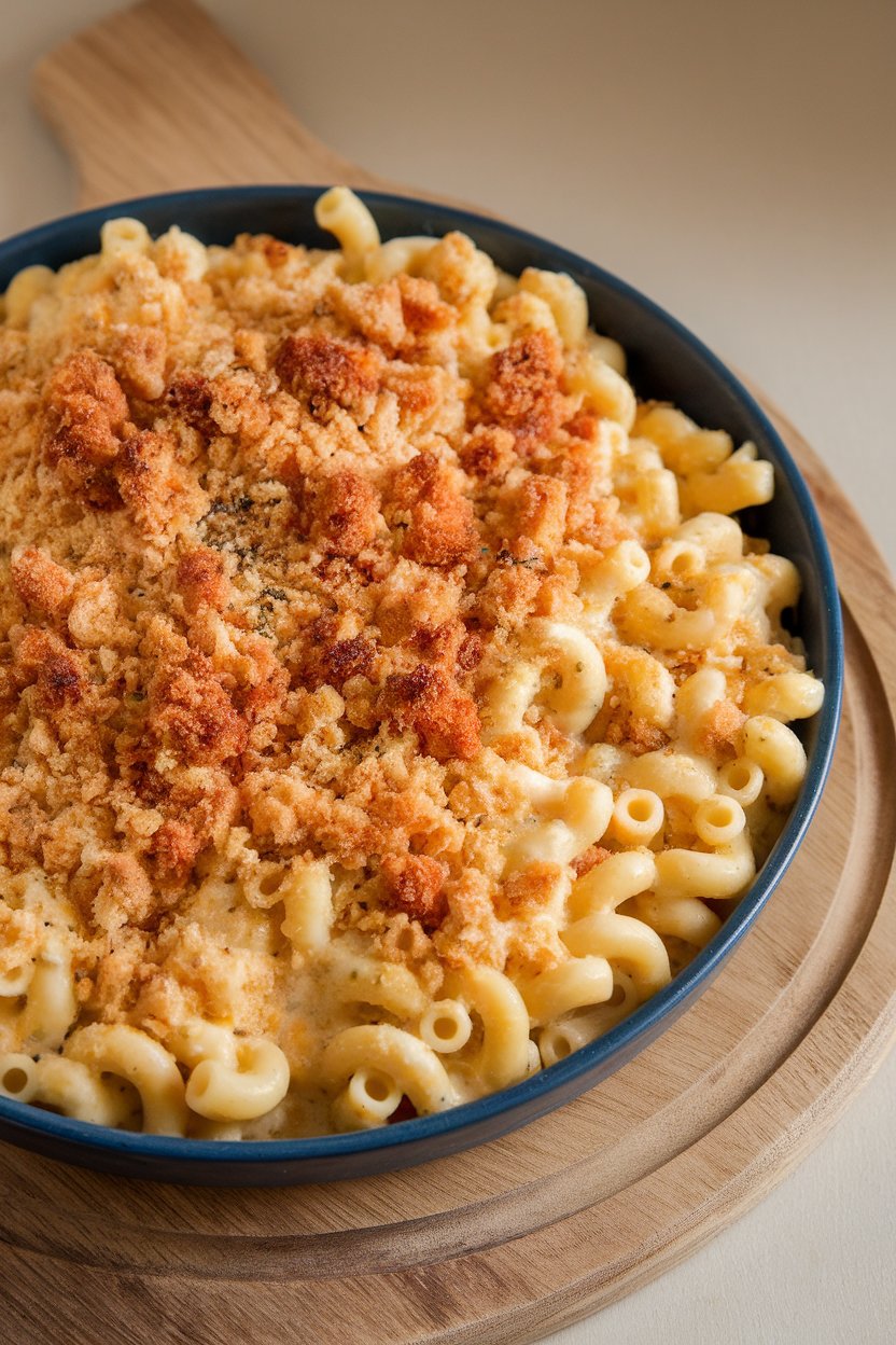 Photo of an indoor casserole dish of elbow macaroni coated in creamy cheese sauce, breadcrumb topping browned. No text or logos. Photo, not illustration.