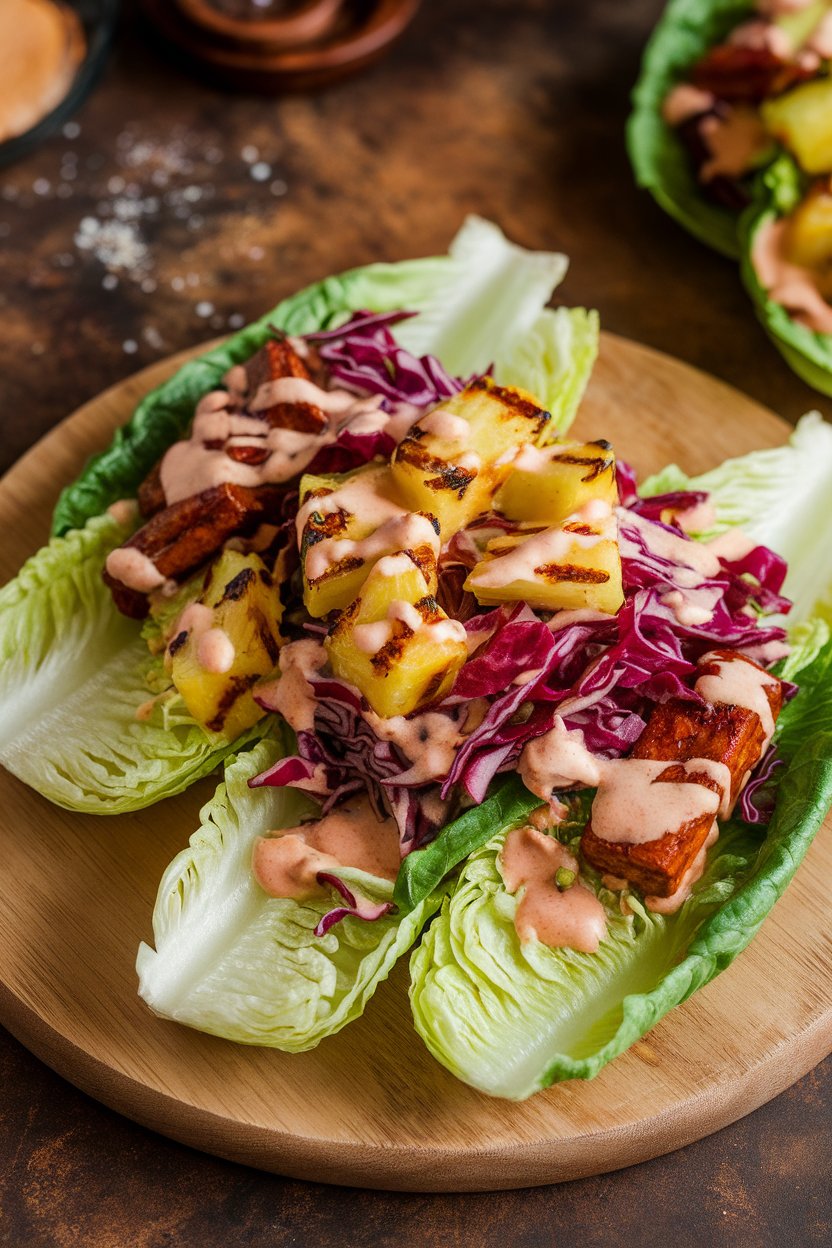 Indoor setting showing romaine topped with jerk-spiced tofu, grilled pineapple chunks, red cabbage, and creamy coconut dressing. No text or logos; photo.