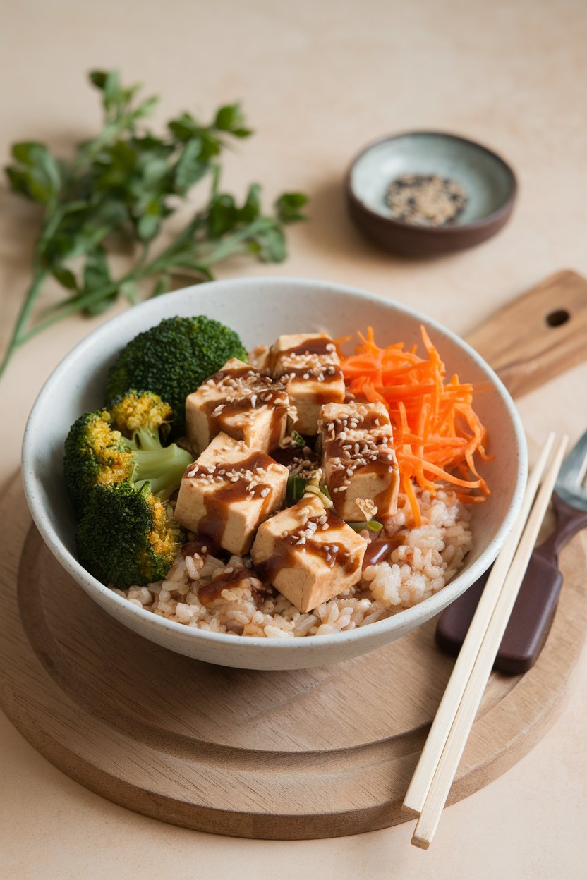 An indoor bowl of brown rice topped with miso-glazed tofu cubes, steamed broccoli florets, shredded carrot, and sesame drizzle. No text or logos; photo.