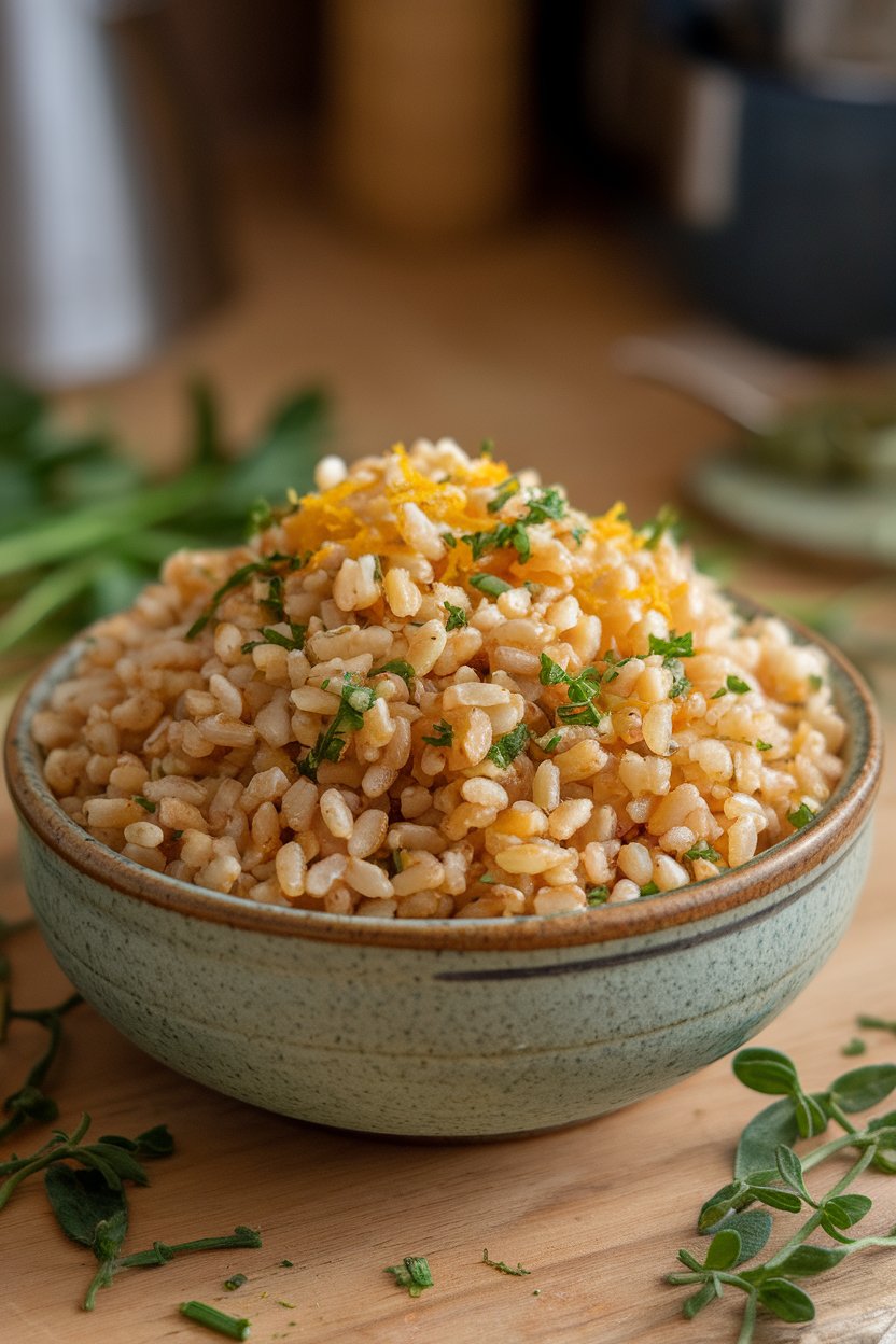 An indoor ceramic bowl piled high with chewy farro tossed in citrus zest and chopped herbs. Photo, not illustration. No text or logos.