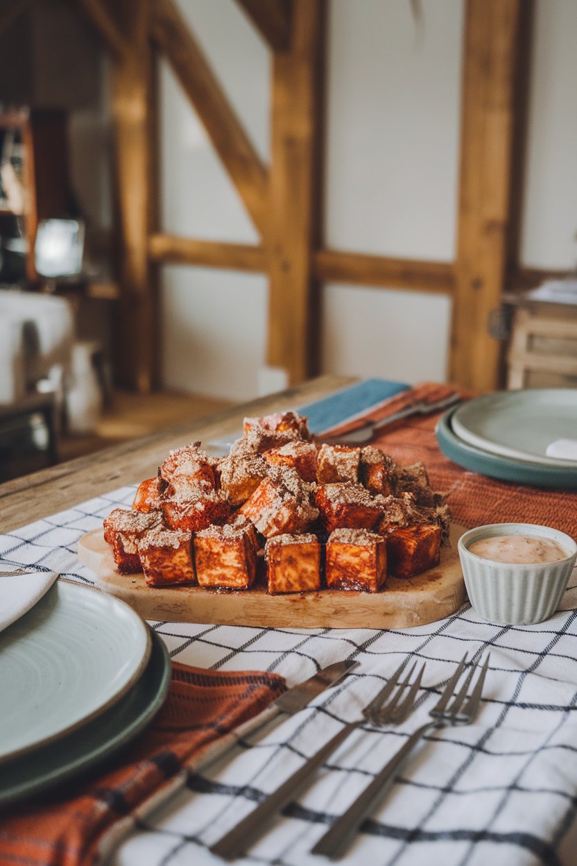 Indoor picnic table setup with barbecue-seasoned tofu cubes dusted in ranch herb mix, small cup of dipping sauce. No text or logos; photo.