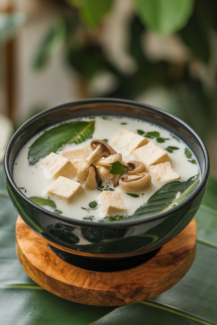 Photo of an indoor soup bowl filled with creamy coconut broth, silken tofu cubes, mushrooms, and lime leaves floating on top. No text or logos. Photo, not illustration.