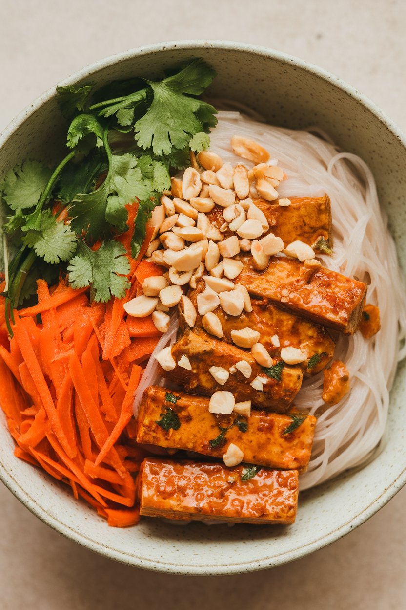 A shallow indoor bowl of rice noodles mixed with chili-lime dressed tofu strips, shredded carrots, and cilantro; chopped peanuts sprinkled on top. No text or logos; photo.