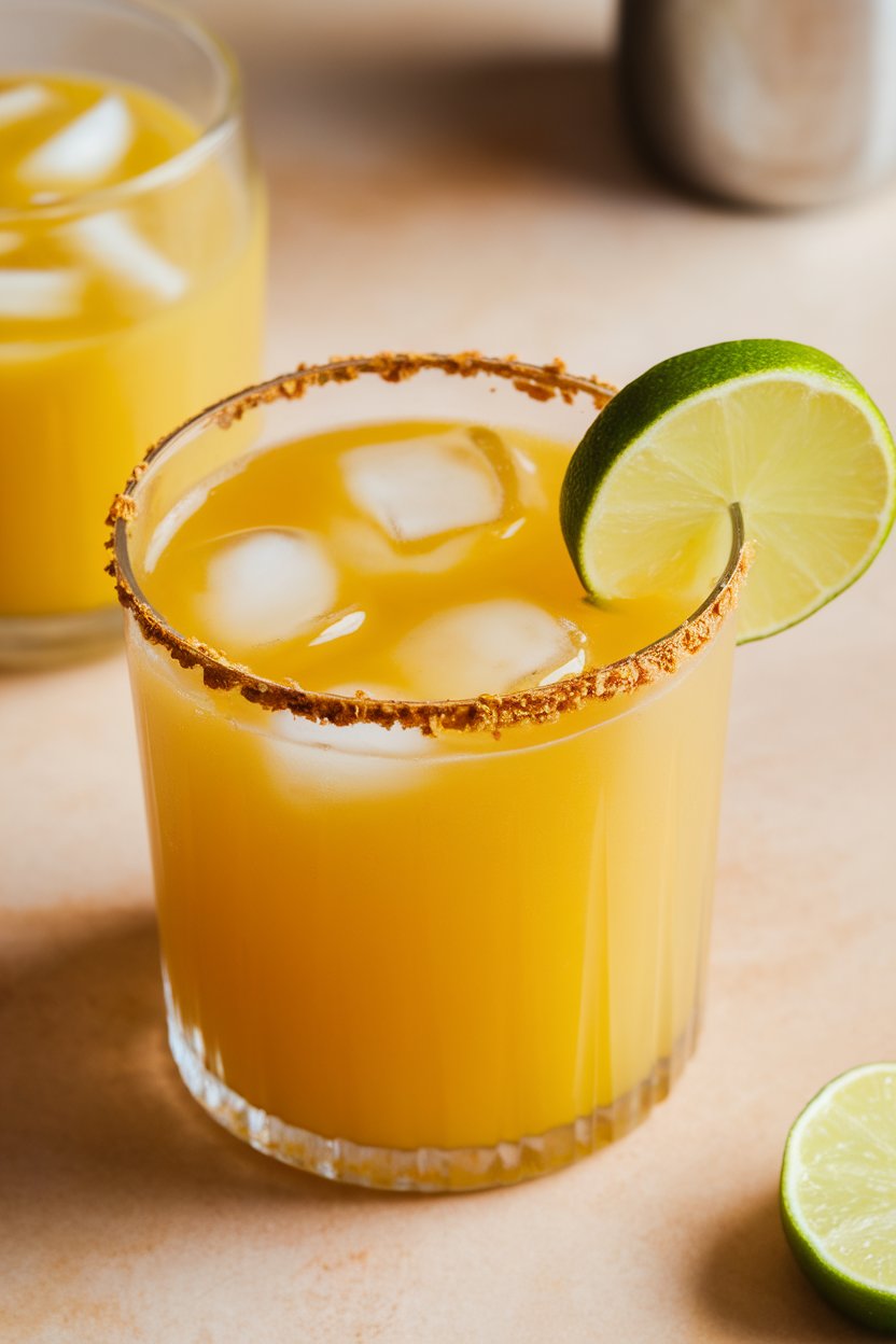 Indoor photo of a short glass with bright yellow mango mocktail, Tajín-rimmed edge, lime wedge on side, ice cubes inside. No text or logos.
