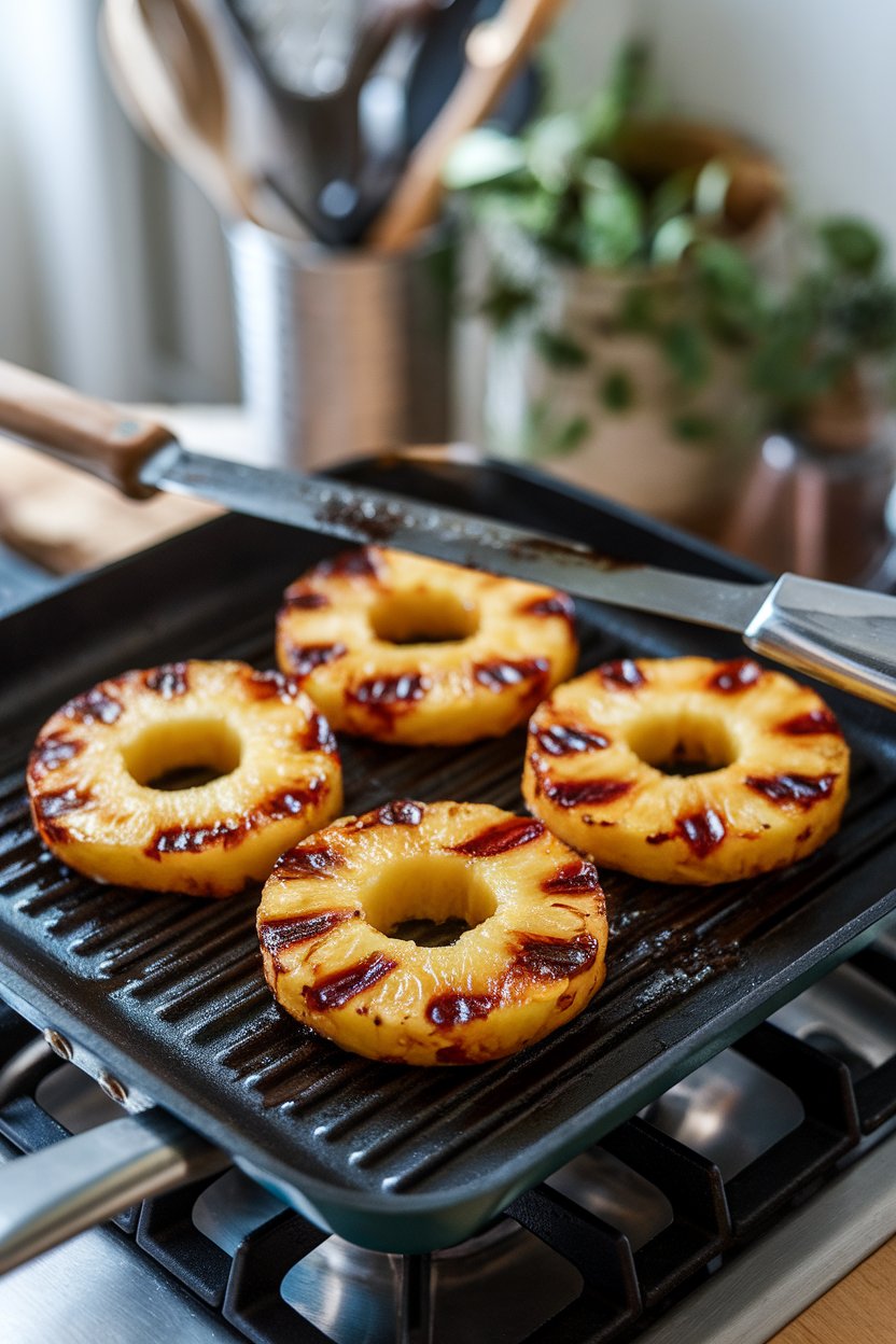 A stovetop grill pan indoors with caramelized pineapple rings showing dark grill marks. Photo, not illustration. No text or logos visible.