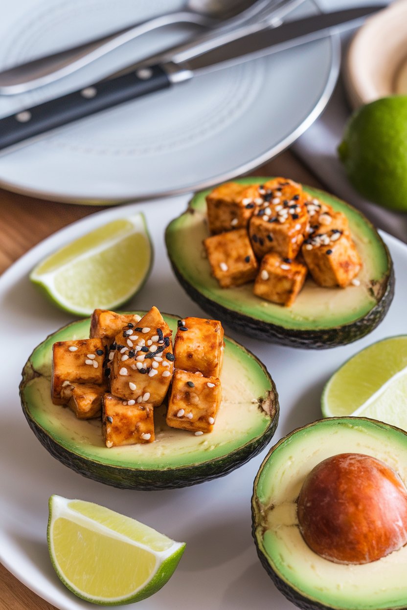 Indoor brunch setting showing halved avocados filled with diced teriyaki tofu and sesame seeds, lime wedges nearby. Photo.