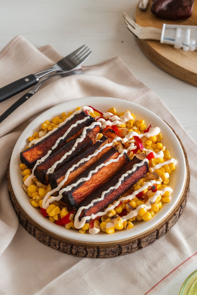 An indoor picnic-style plate featuring BBQ-lacquered tofu strips, charred corn kernels, diced bell pepper, and creamy ranch drizzle. No text or logos; photo.