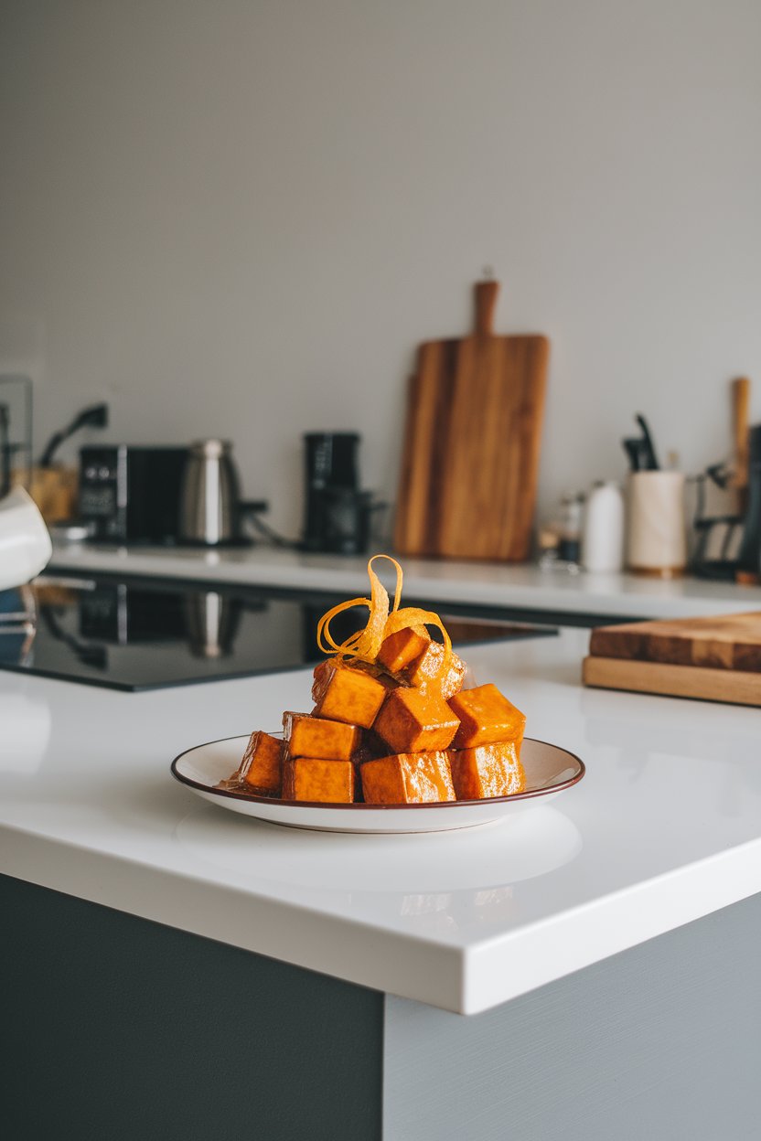 Indoor kitchen island showing glossy orange-ginger glazed tofu cubes, thin strips of orange peel as garnish. No text or logos; photo.