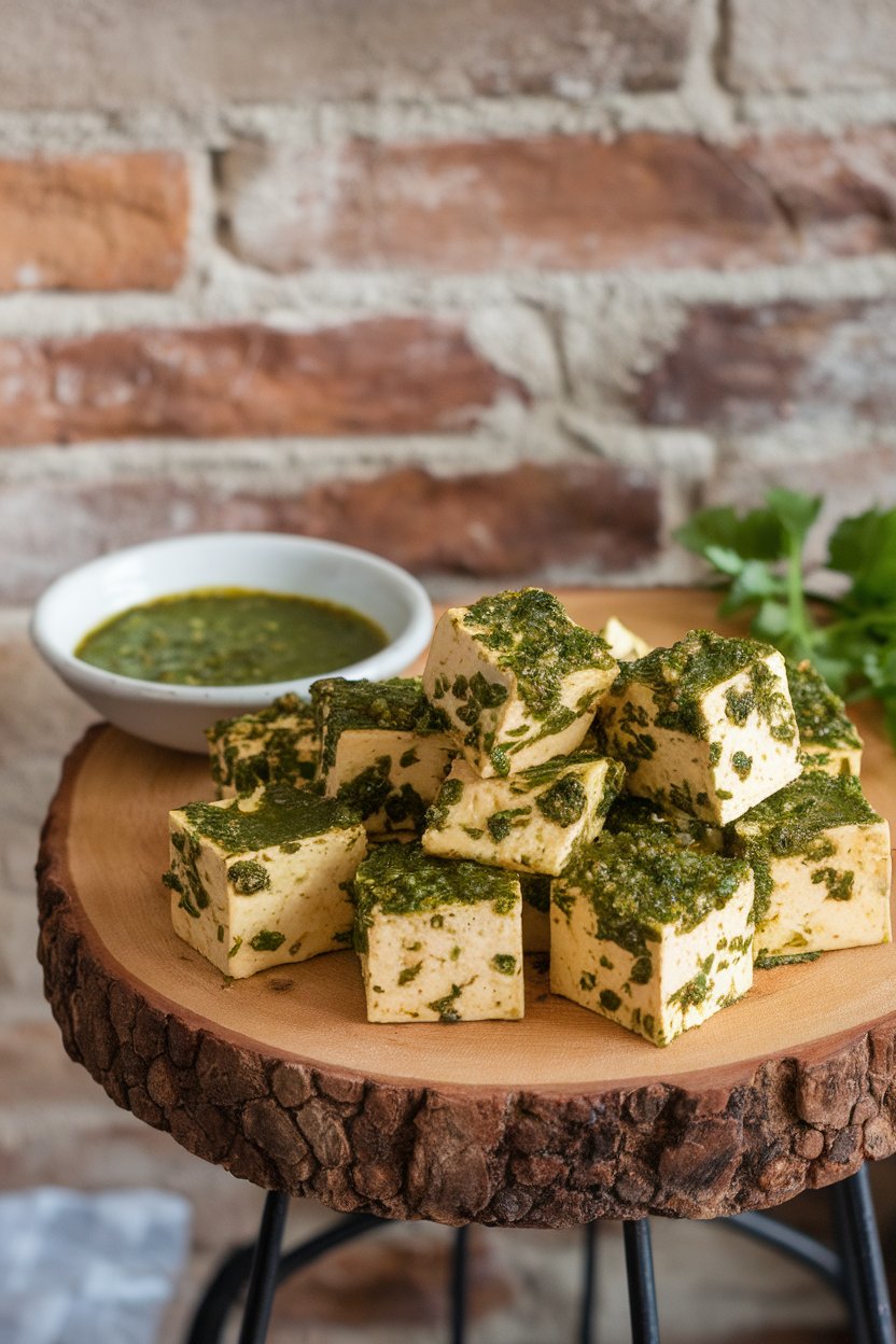 Indoor wooden serving board with green herb-coated tofu cubes, small bowl of extra chimichurri sauce. No text or logos; photo.